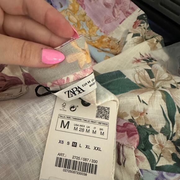 Zara Patchwork Floral Parrot Long Sleeve Shirt Dress Pink Medium NWT - Picture 4 of 6